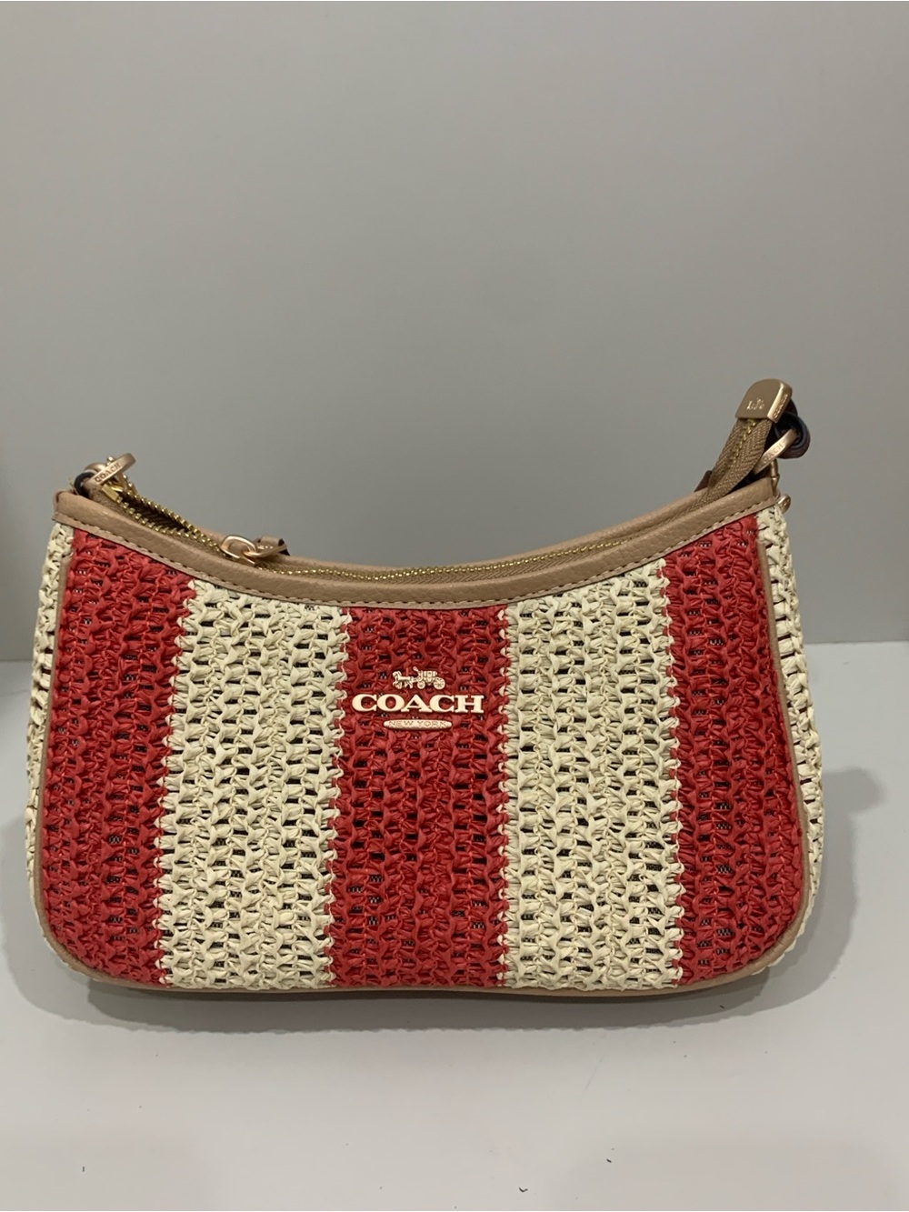 Coach Red and Cream Woven Straw Shoulder Bag with Leather Trim